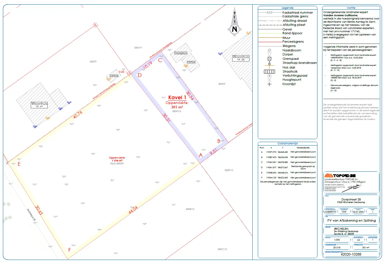 PV van afbakening en splitsing met nieuwe perceelsgrenzen opgesteld door een landmeter